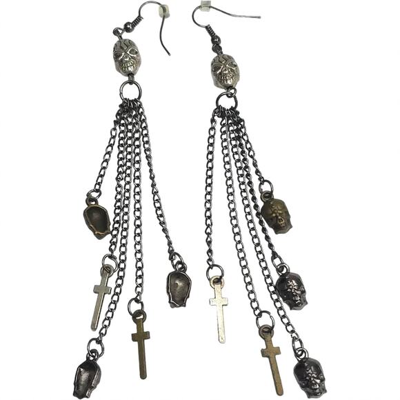 Skeleton Skull Cross Silver Tone Dangle Tassel Earrings Day of Dead Gothic - Picture 2 of 7